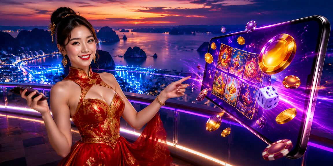 Cảnh Vịnh Hạ Long về đêm với ánh đèn neon và giao diện casino trên điện thoại