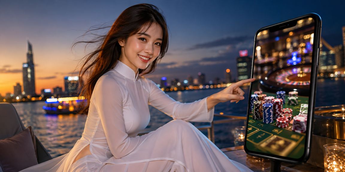 Người dùng Sài Gòn đang trải nghiệm nền tảng casino di động trong trang phục áo dài truyền thống